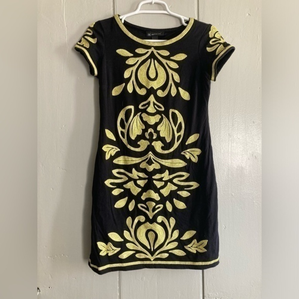 INC International Concepts Black Gold Embroidered Shift Dress Petite Small SP